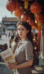a young woman is holding a book outside