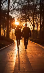 the two people are walking holding hands on the sidewalk