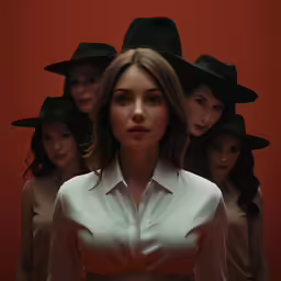 a woman wearing a white shirt is standing in front of three other women