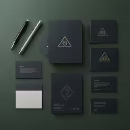 several business cards, stationary folders and pen on green surface