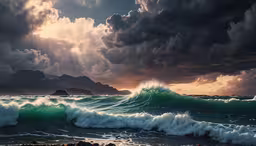 an ocean with waves, clouds and rocks on the shore,a wave breaking on the shore under a cloudy sky