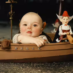a baby looking sad while in a toy boat,the baby in a little boat is wearing a pirate outfit