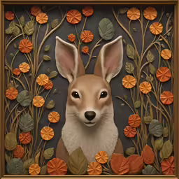 a portrait of a deer surrounded by autumn leaves
