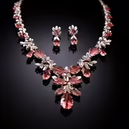 a necklace and earrings with pink flowers are shown