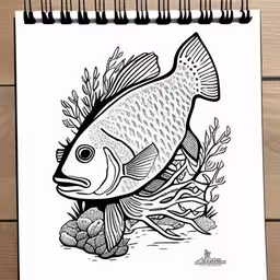 a drawing of a fish sitting on a plant,a drawing of a fish and some seaweed,a drawing of a fish in black and white,a black and white drawing of a fish,a drawing of a fish in black and white