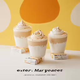 three cups with chocolate, whipped cream and caramel on them