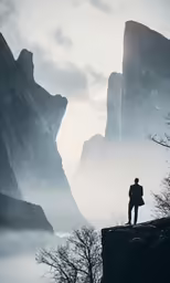 a person stands on top of a rock looking at mountains