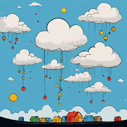 an animation image of a house with clouds overhead,some colorful objects hanging from the clouds in the sky