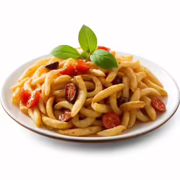 a plate filled with pasta and cherry tomatoes
