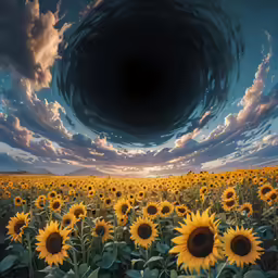 sunflowers growing on an open field under a cloudy sky