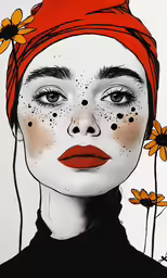 a woman with freckled face and yellow flowers on her hair