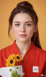 a young woman wearing an orange top holding sunflowers