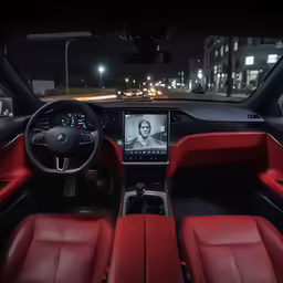 a red and black dashboard and red leather seats