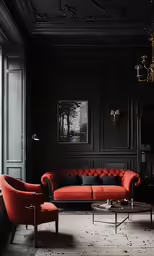 a living room with black walls and red furniture