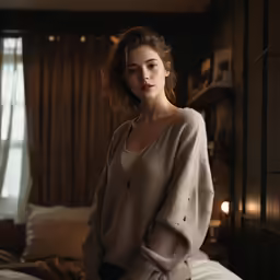 a woman standing in front of the bed
