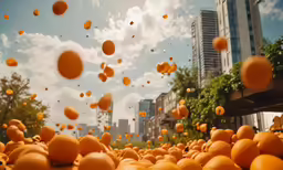 oranges flying through the air at an outdoor fruit market
