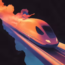 a colorful image of a train speeding through the mountains