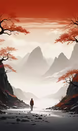 the person is walking in front of mountains