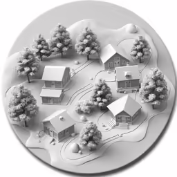 an illustrated image of houses in winter with snow on them