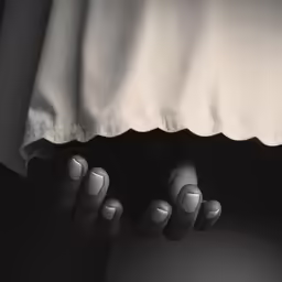 fingers are outstretched in front of a white dress