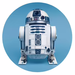 a star wars robot in a circle on a blue background