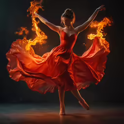 a woman dancing in the dark with red dress on
