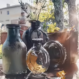 three vases one is blue the other is yellow