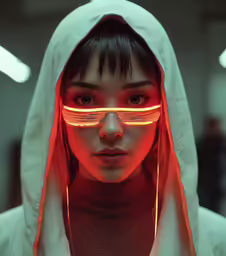 an image of woman wearing glasses with glowing wires