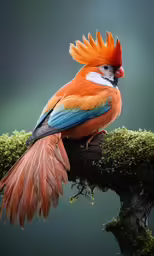 an orange and blue bird with multi colored feathers