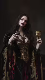 a woman in renaissance dress holding an empty cup,a woman wearing a medieval costume holding a small item