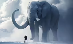an elephant with the tusks up walking away from a person