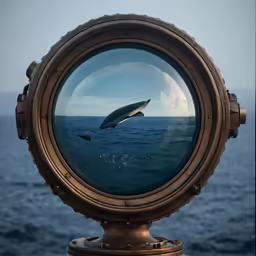 a whale is swimming through a porthole and the reflection is in the water