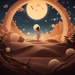 an illustration showing a woman standing in the desert, looking at moonlit landscape
