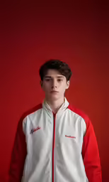 a man in white and red jacket standing next to a wall