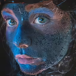 woman with blue and white face paint posing for picture