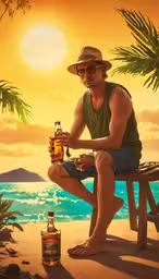 a man on a bench drinking whiskey at the beach,the man is sitting on a bench holding a bottle of beer