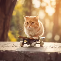 a yellow cat is standing on top of a skateboard
