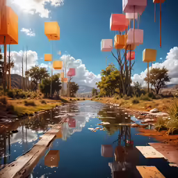 there are many square lanterns floating by the river