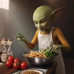 the character dressed in costume is holding a knife and fork