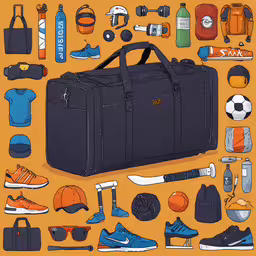 an illustrated picture of a gym bag with the sports related items displayed,various sports gear and sports items arranged over them
