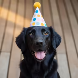 black dog wearing a party hat and panting