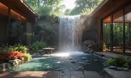 an outdoor area with waterfall, hot tub and patio