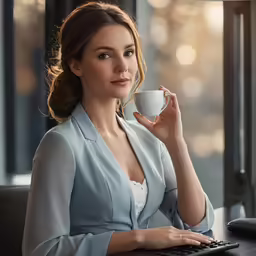 the woman is holding a cup in her hand