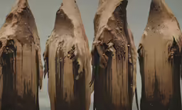 a number of large brown mud pillars on a sandy beach