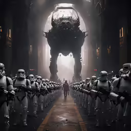 a row of star wars stormtroopers on a road