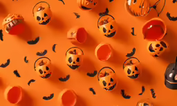 there are many decorated halloween themed objects in this picture
