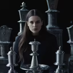 a woman is surrounded by silver items