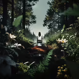 a person on a vintage car drives in the middle of tall trees