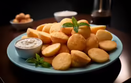 some fried food and dip are on a plate