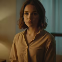 a beautiful young woman in a tan shirt